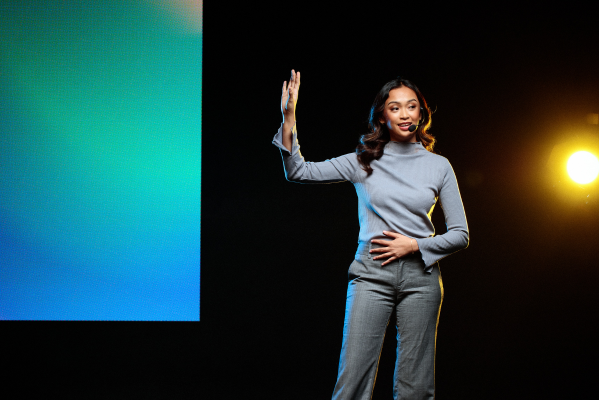 Confident speaker using NLP verbal influence techniques