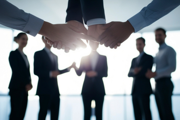 Professionals building rapport and trust during a workplace meeting